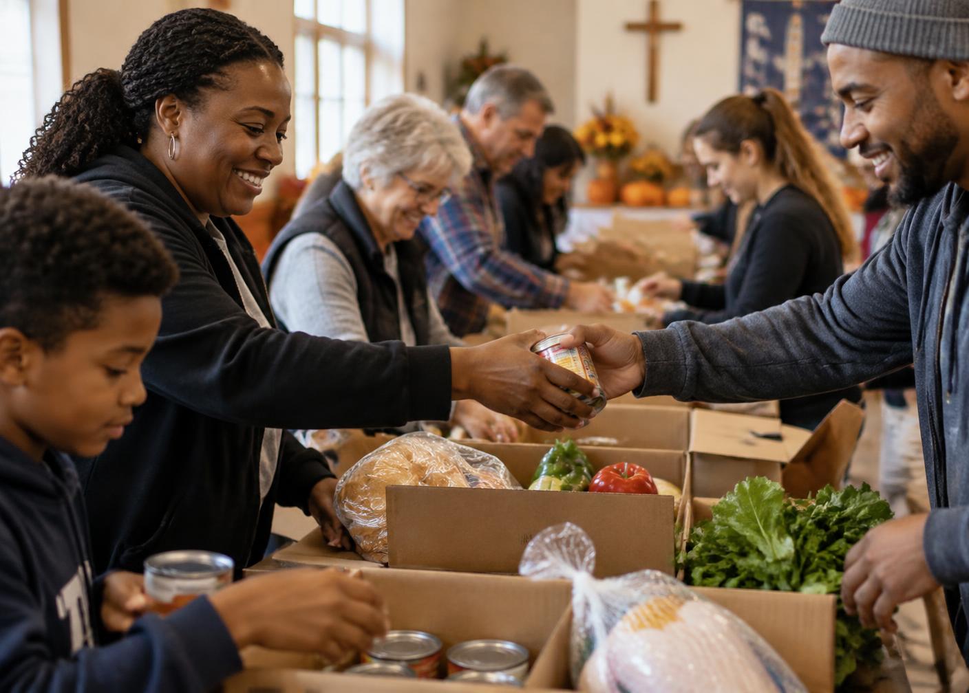 Neighbors handing food to one another while packing Thanksgiving boxes